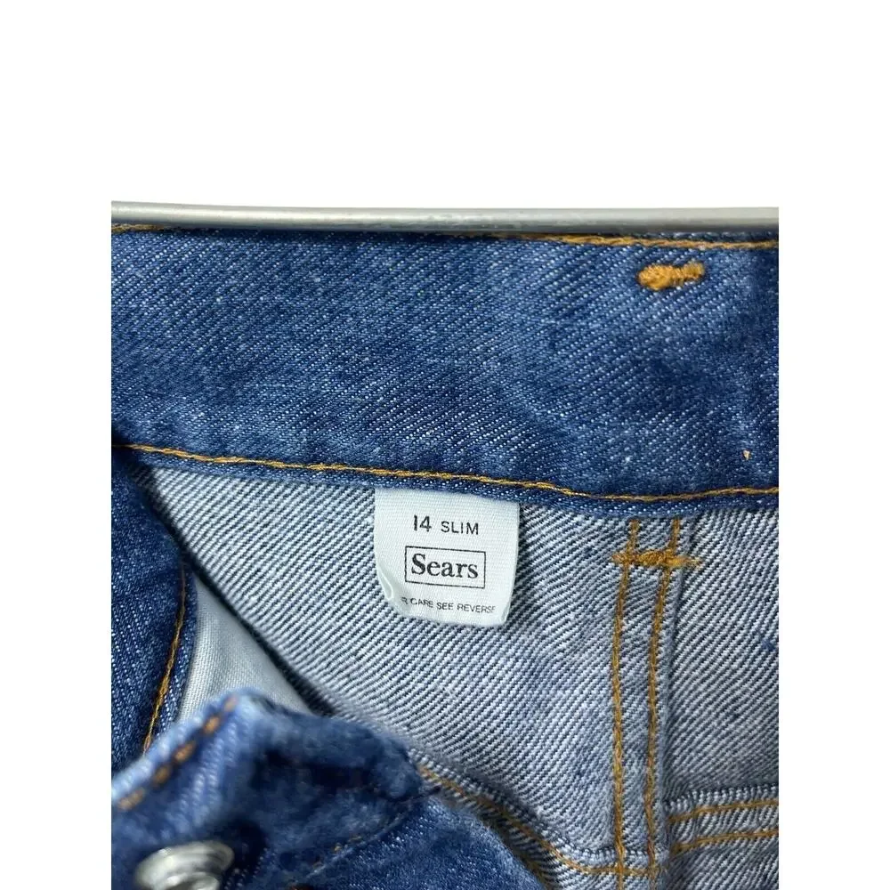 Vintage 70s Sears Denim Jeans Kids Size 14 Slim Blue Perma Prest Western Rodeo